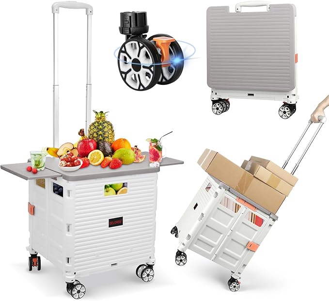 FELICON SELORSS Folding Utility Cart Portable Rolling Crate Handcart with Magnetic Sliding Lid Telescoping Handle Plastic Box Dolly 360°Swivel Wheels for Travel Shop Move Office Teacher(White Pro)