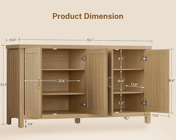 usikey 55" Buffet Cabinet with Storage, Large Sideboard Buffet Cabinet with 4 Adjustable Shelves, Modern Fluted Coffee Bar for Kitchen, Living Room, Natural