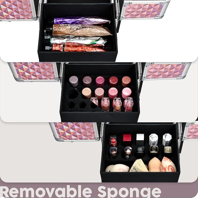 Rolling Makeup Case with Drawer Cosmetology Case on Wheels Makeup Trolley Sliding Drawer Makeup Travel Case for Esthetician, Mobile Stylist, Manicurist Barber Case Traveling Cart Trunk Glitter Pink