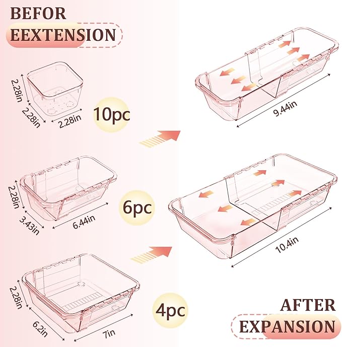 20 Pcs Clear Drawer Organizer, Adjustable Drawer Storage Box, 3-Size Desk Drawer Organizer, Acrylic Storage Bins for Makeup, Kitchen Utensils, Bedroom Dressers Tool Organizer for Gadgets, Pink