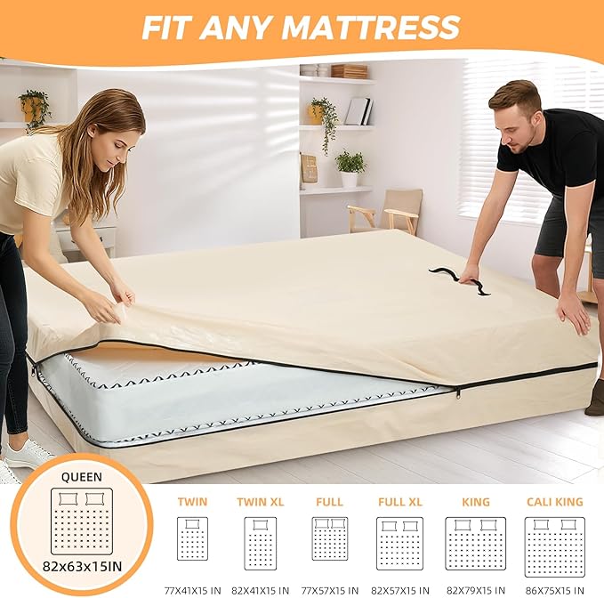 BAGAIL Mattress Bags for Moving, Mattress Covers with Heavy Duty Handles, Reusable Mattress Storage Bag for Moving Supplies(Beige, Queen)