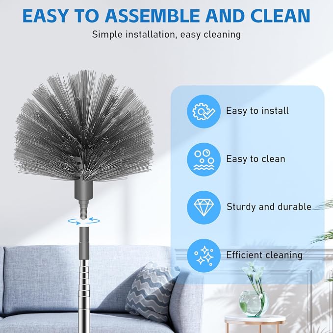 SetSail Cobweb Duster with Extension Pole, Retractable Dusters for Cobweb Cleaning 90-inch Long Handle Spider Web Brush for Outdoor Indoor High Ceilings, Grey