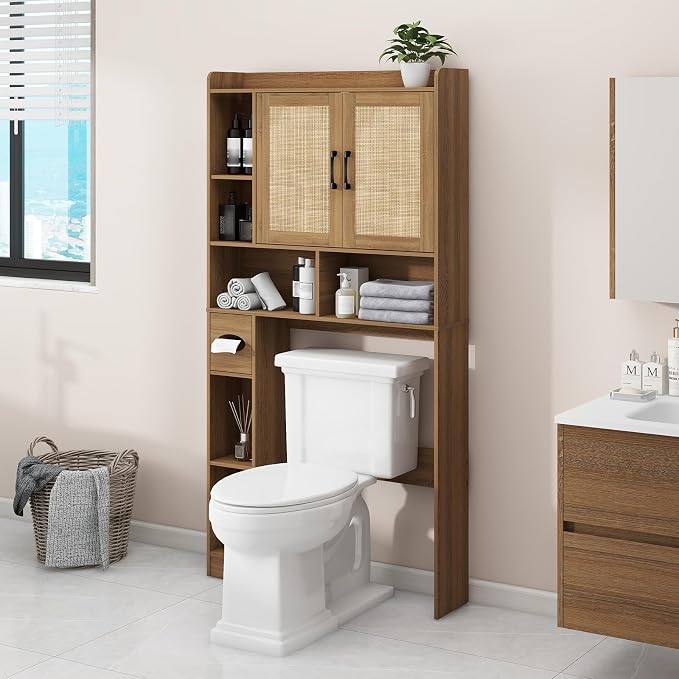 Vabches Over The Toilet Storage Cabinet with 2 Barn Doors, Oak | Farmhouse Storage Cabinet with Toilet Paper Holder Stand，Home Space-Saving Toilet Rack, for Bathroom, Restroom, Laundry