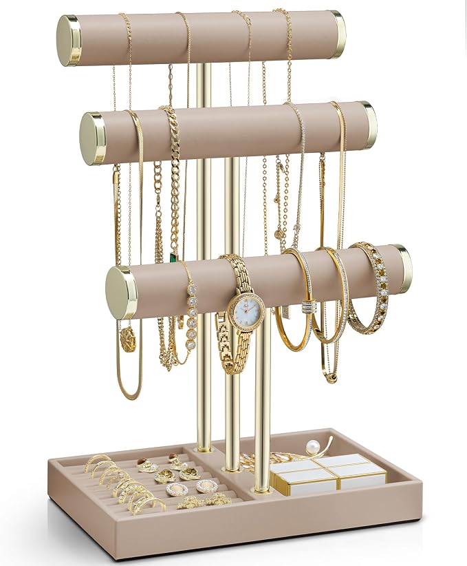 VLANDO 3 Tier Bracelet Holder Organizer with Tray - Leather Jewelry Stand Organizer for Women - Jewelry Holder Display for Necklace, Watches, Rings, Earrings, Bangle, Scrunchie - Toffee