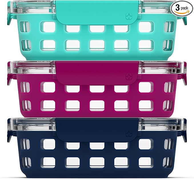 Ello Duraglass 3.4 Cup Meal Prep Sets 6Pc, 3 Pack Set- Glass Food Storage Container with Silicone Sleeve and Airtight BPA-Free Plastic Lids, Dishwasher, Microwave, and Freezer Safe, Berry