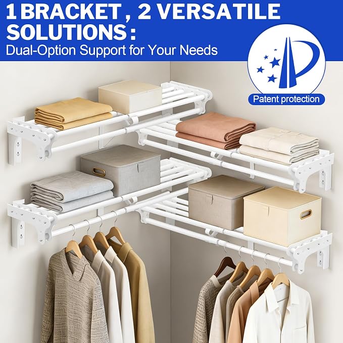 Closet Shelf with Hanging Rod, 40-73'' Expandable Closet Rod with Shelf | Wall Mounted & Side Wall Mounted, Steel Closet Shelves Clothes Rack, Holds 220 lb Heavy Duty Closet Rod DIY Divider Separtor
