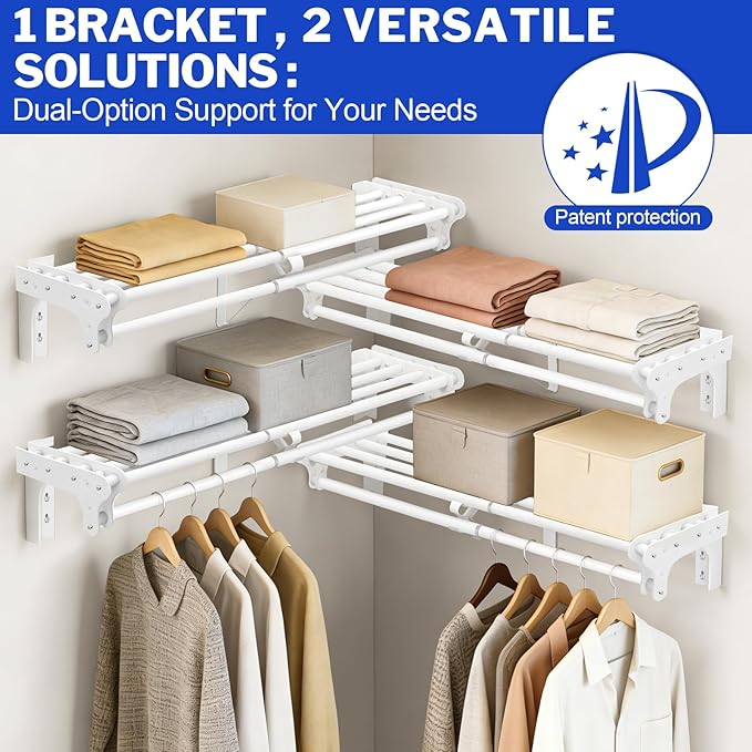 Closet Shelf with Hanging Rod, 28-48'' Expandable Closet Rod with Shelf | Wall Mounted & Side Wall Mounted, Steel Closet Shelves Clothes Rack, Holds 220 lb Heavy Duty Closet Rod DIY Divider Separtor