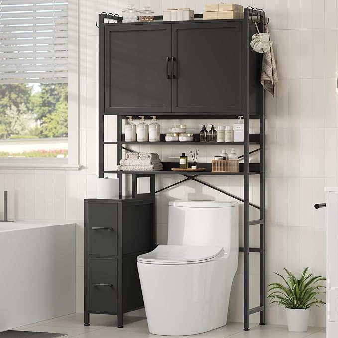 Over the Toilet Storage Cabinet with Doors, 2 Large Drawers & 6 Hooks, Over the Toilet Organizer with Toilet Paper Holder, Over the Toilet Storage for Bathroom, Laundry Room, Black