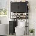 Over the Toilet Storage Cabinet with Doors, 2 Large Drawers & 6 Hooks, Over the Toilet Organizer with Toilet Paper Holder, Over the Toilet Storage for Bathroom, Laundry Room, Black