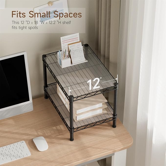 Golpart Small 2 Tier Shelves Storage Wire Shelving Unit Metal Shelf Gasket | 2 tier Shelving Adjustable Organizers Storage Shelving for Bathroom Laundry Room Kitchen Pantry 11.7”D x 17.7”W x 12”H Black