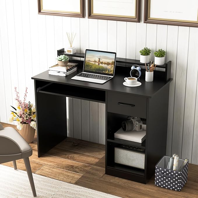 GOFLAME Computer Desk, Home Office Desk with Large Drawers, Hutch, Keyboard Tray, 5-Position Adjustable Open Shelves, Easy Assembly, Writing Desk for Bedroom, Small Space, Living Room, Black