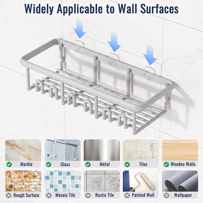 8 Pack Adhesive Rustproof Shower Caddy with Soap Dishes, Toothbrush Holder & Hooks, Large Capacity No-Drilling Shower Shelves Rack for Bathroom Organizers and Storage Accessories, Light Gray