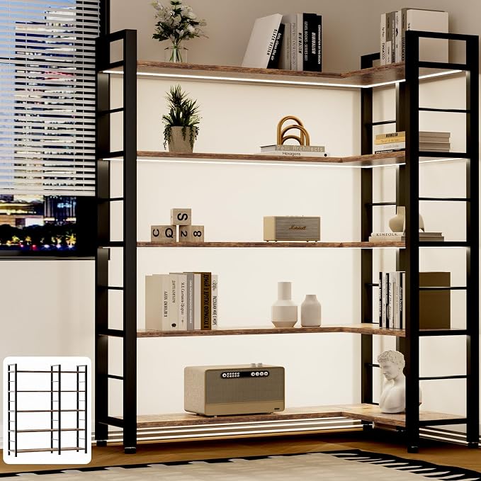INNOD 65" X 50" Straight Wide 5 Tier Bookshelf with LED Light, L Shaped Bookcase with Adjustable Feet, Corner Book Case with 10 Open Shelves, Shelf Unit Display Shelf for Living Room, Home Office