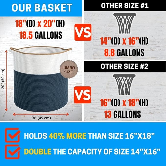 MINTWOOD Design 83L Extra Large 20x18 Inches Decorative Woven Cotton Rope Basket, Tall Laundry Basket Hamper, Blanket Basket for Living Room, Round Storage Baskets for Pillows, Towels, Prussian Blue