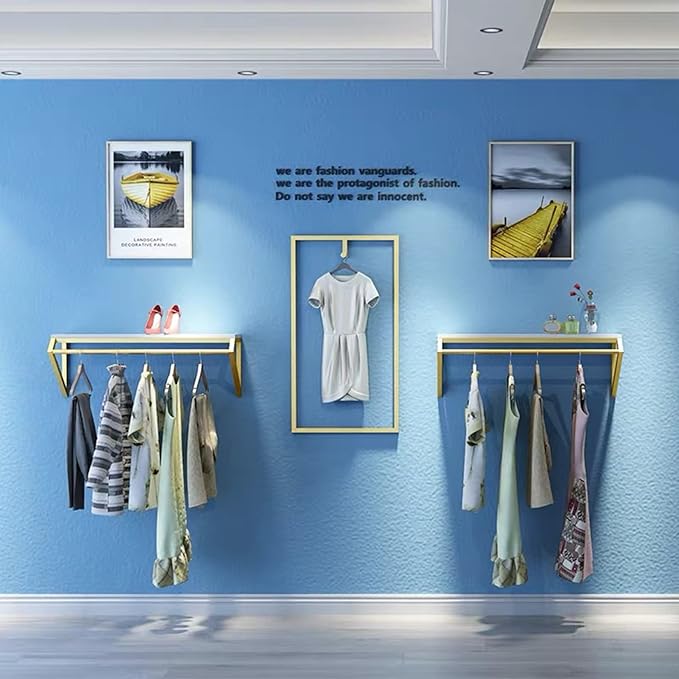 Modern Simple Men's and Women's Clothing Store Heavy Duty Metal Display Stand,Wall-Mounted Garment Rack with Wood,Clothes Rail,Bathroom Hanging Towel Rack (Gold Square Tube, B-59 L)