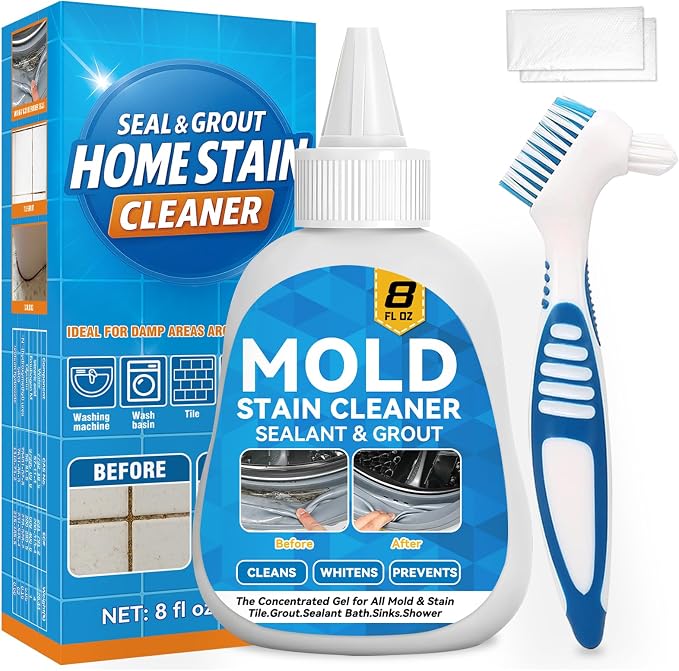 HouseMold Stain Cleaner Gel, 8 Fl Oz Washing Machine Cleaner with Brush, Mold Cleaner Gel for Front Loader Washing Machine Seal, Bathroom Grout, Kitchen Sink, Shower, Refrigerator Strip