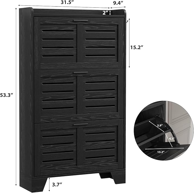 Garvee Shoe Storage Cabinet with 3 Flip Drawers, Freestanding Shoe Organizer Storage for Entryway with 2 Side Hooks, Farmhouse Hidden Slim Narrow Shoe Rack Cabinet, Black