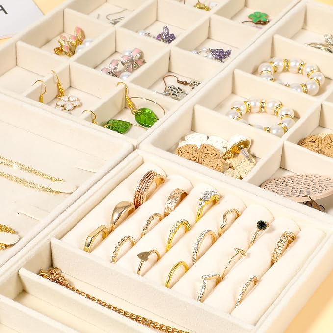 4Pcs Jewelry Organizer Trays, Stackable Velvet Jewelry Trays, Drawer Insert Divider Jewel Display Storage with Removable Dividers, Divided Storage for Earring Necklace Rings Bracelet