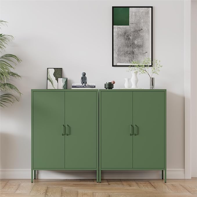 Washsemba Metal Storage Cabinet with Doors and Shelves,Multipurpose Storage Rack, 3-Tier Shelf,Metal Locker Style Accent Cabinet for Home Office,Living Room,Kitchen (Forest Green, 40''H)