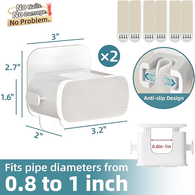 TAILI Mop and Broom Holder Wall Mount Grippers, 2 Hangers and 6 Adhesive Strips, Damage Free Hanging Wall Mount, Household Cleaning Organizer for Organization and Storage, Holds up to 4 lbs, White