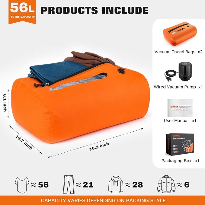 Vacuum Travel Bags With 5500Pa Wired Pump, Vacuum Luggage Bags for Clothes, Compression Bags for Travel, IP68 Waterproof Space Saver Packing Cubes for Suitcase, Backpack & Home Storage (2 Pack + Pump)