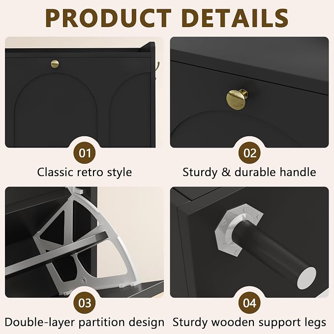 iPormis Shoe Cabinet with 2 Flip Drawers, Slim Shoe Storage Cabinet for Entryway, Narrow Shoe Organizer with Top Shelf, Side Hooks and Metal Legs, Hidden Shoe Rack for Hallway, Black