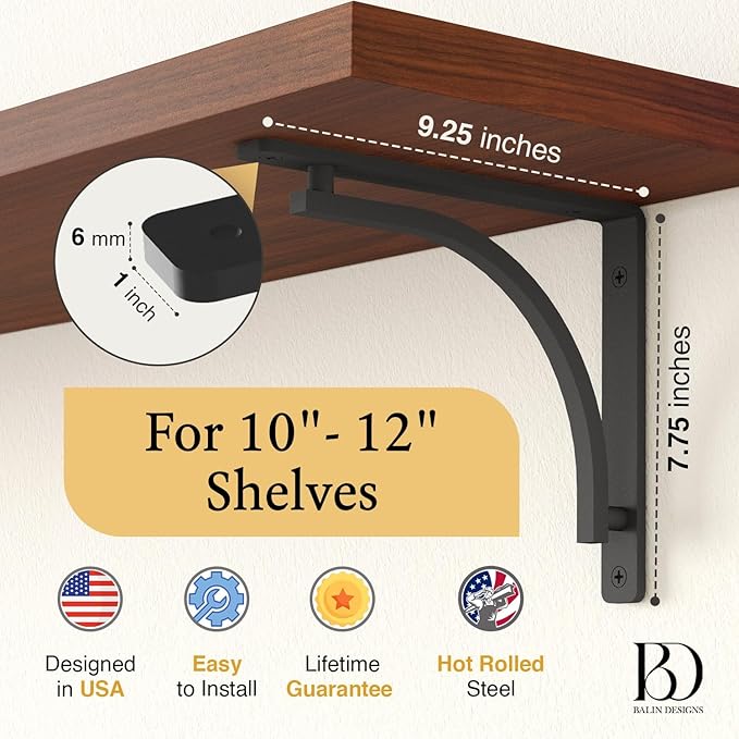 Classic Black Heavy Duty Shelf Brackets 10 inch by Balin Designs – L Bracket, Wall Mounted Support, Shelving Metal Bracket, Decorative Shelf Brackets, with Hardware Included, Set of 4