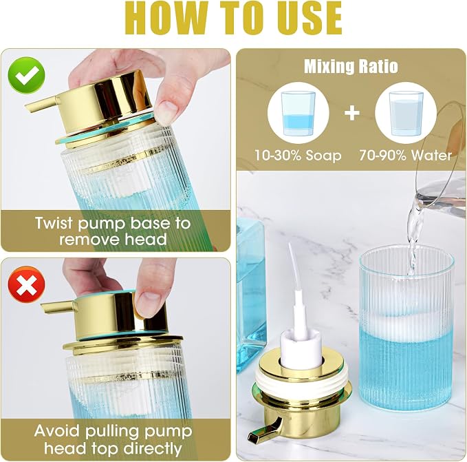 NiHome 14oz Multifunctional Glass Foaming Hand Soap Dispenser with Elegant Stripe Pattern, High-Capacity Easy to Refill for Home & Commercial Use, Advanced Foam Pump & Non-Slip Base (Gold)
