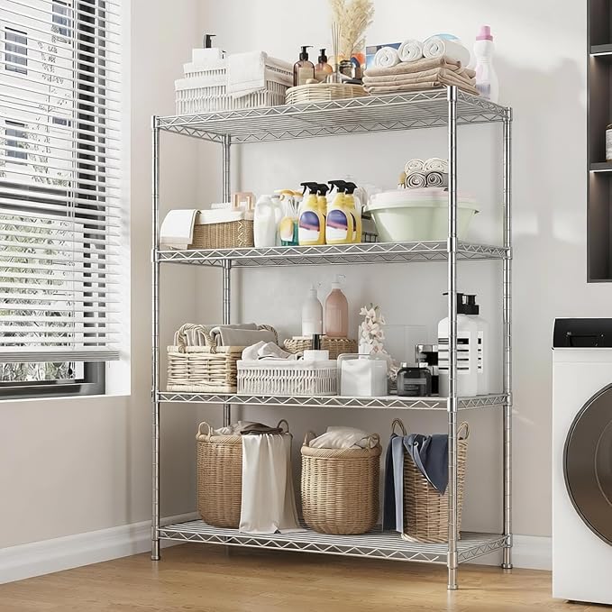Xcity Storage Shelves, 4 Tier Heavy Duty Metal Shelving Unit with Wheels, 1600 LBS Adjustable Steel Wire Shelf for Commercial, Pantry, Kitchen, Garage, 18" D x 36" W x 60" H, Chrome