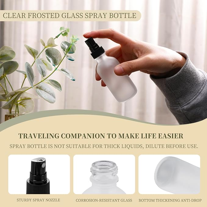 NOOEEISS Green Glass Small Spray Bottles 2 oz 24 Packs,Fine Mist Sprayer Pretty Finish,Refillable Containers mini spray bottles for Cleaning Solutions and Skin Care (Clear Frosted 24Pack)