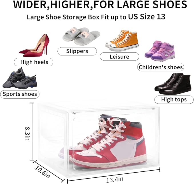 Large Shoe Boxes Clear Plastic Stackable, 8 Pack Drop Side Shoe Storage Organizer with Magnetic Door, Shoe Container Sneaker Storage Display Case Fit up to US Size 13 CLEAR