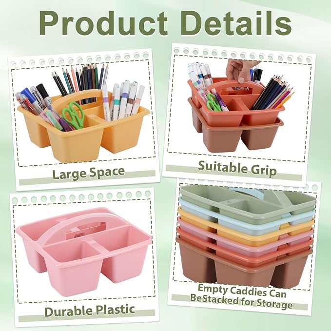 6 Pack Assorted Colors Classrooms Caddy 4 Compartment Classroom Caddy Compartment Caddies Set Table Caddies Classrooms with Handle for Classroom Organization Table Desk Office Supplies(Groovy)