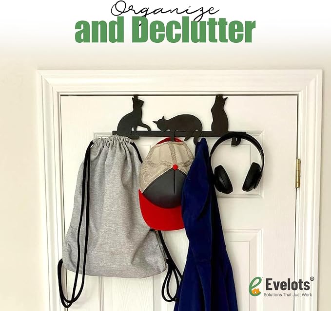 Evelots Over The Door 4 Hook Towel/Coat Rack Hanger Organizer, Kitty Cat Design-Easy No Tool Installation-Black Iron-Holds 20 lbs.