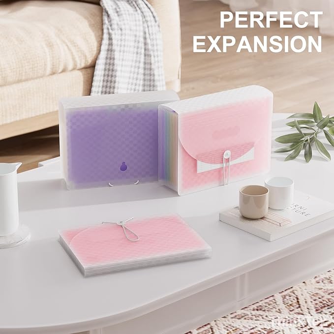 ThinkTex Accordion File Organizer, 12 - Pocket Expanding File Folders for Paper Receipts, Bills & Taxes Organizer, Letter/A4 Size Document Holder for School, Office, Home with Colorful tabs- Pink