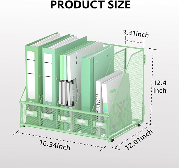 5 Vertical Compartments Magazine Holder, Metal Binder Organizer, Mint Green | Space-Saving Desktop Storage, Built-In Label Holders, Anti-Slip Feet, Sized for Binders, Folders, Magazines and Files