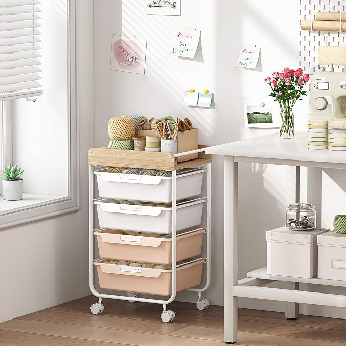Rolling Craft Storage Cart with 4 Drawers,Utility Cart with Drawers,Art Craft Organizers and Storage,Kids Craft Cart,Kids Art Cart With DIY Lable and Wooden Tabletop Area, Pearl
