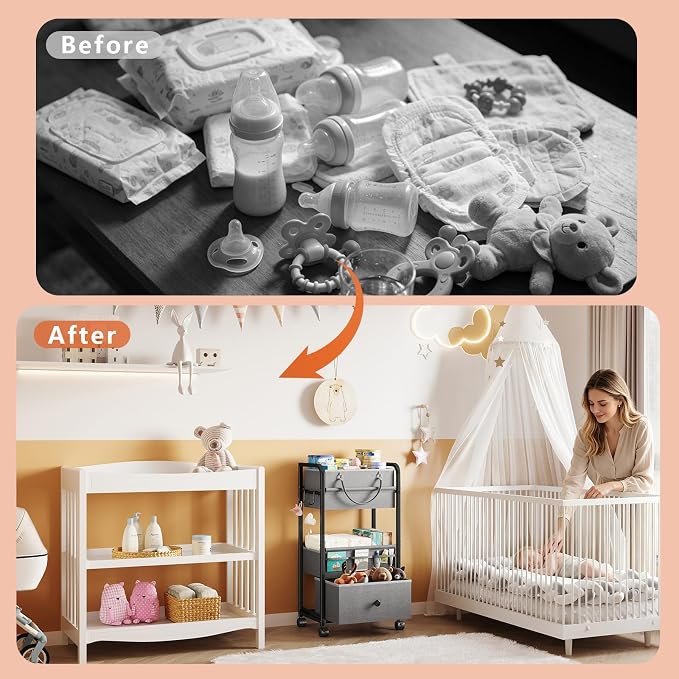 Cidaziya 3In1 Baby Diaper Caddy Organizer, 3 Tier Rolling Cart with Drawer, Detachable Dividers, Mobile Utility Cart Baby Dresser Clothes Organizer for Crib, Bedroom, Art & Craft Storage, Grey