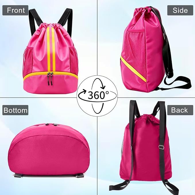 Rose Sports Drawstring Backpack with Shoes Compartment, String Gym Bag with Wet Proof Pocket for Basketball, Soccer, Swim, Sport Bag for Men and Women