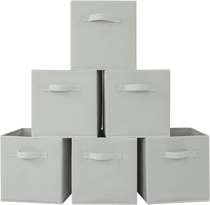 Stero Fabric Storage Bins 6 Pack Fun Colored Durable Storage Cubes with Handles Foldable Cube Baskets for Home, Kids Room, Closet and Toys Organization Gray
