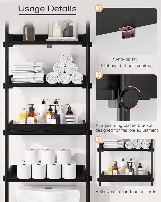 ALLZONE Bathroom Organizer, Over The Toilet Storage, 4-Tier Adjustable Wood Shelves for Small Rooms, Saver Space Rack, Narrow Cabinet, 92 to 116 Inches Tall, Black