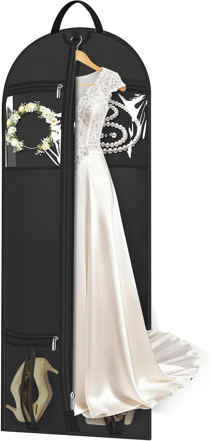 MISSLO 60" Dress Bags for Gowns Long with 4 Large Pockets Garment Bags for Travel for Women Heavy Duty Wedding Dress Bag for Hanging Clothes Garment Covers, Black
