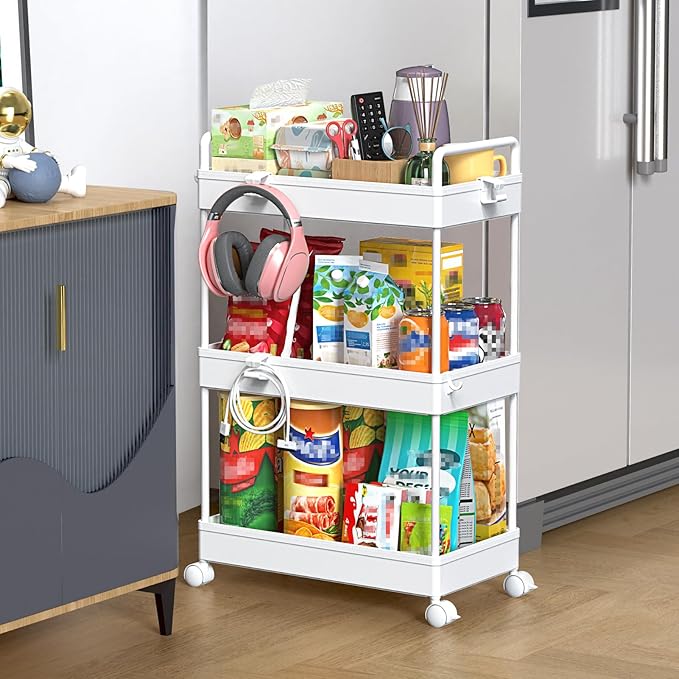 SOLEJAZZ 3 Tier Slim Rolling Storage Cart Organizer with Wheels, White | Utility cart for bathroom, laundry, bedside, dorm&narrow spaces. Fits craft, nail, makeup, snack, art, diaper&baby essentials