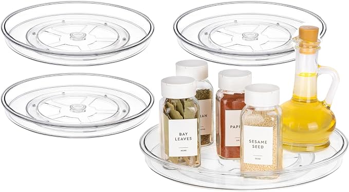 primebox 11" Lazy Susan Organizer. 360 Degree Rotating Turntable for Cabinets, Fridge, Pantry, Bathroom, Under Sink Organizing, Countertops, Vanity, Organizer for Spices Clear 4 Pack
