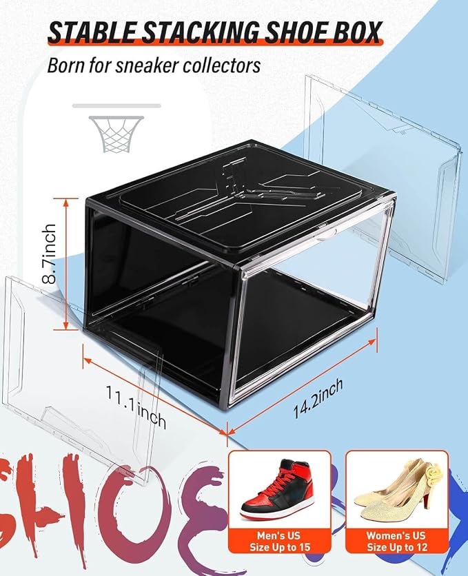 KDOR Clear Shoe Boxes Stackable, 3 Pack Shoe Storage Box with Lids Magnetic Door, Clear Sneaker Storage Acrylic Boxes for Display, Fit Shoe Size Up to US 15（Side 3 PACK BLACK）
