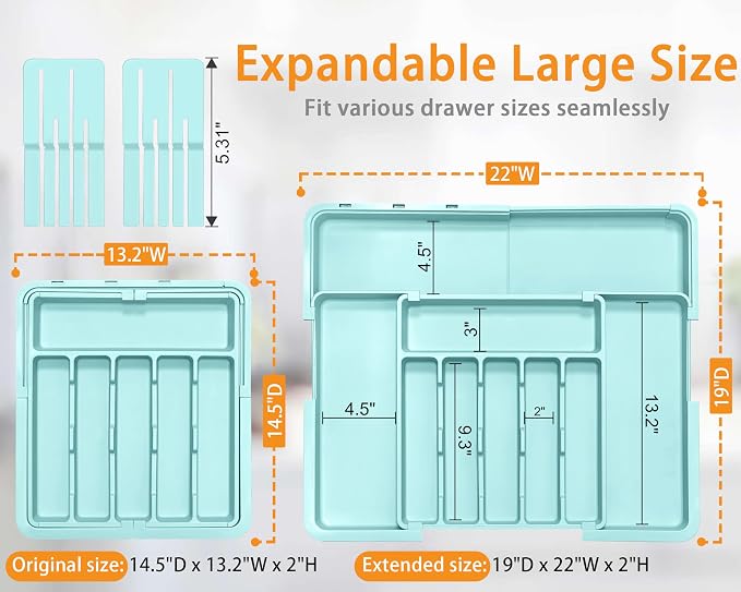 Homecor Silverware Organizer - Expandable Large Kitchen Drawer Organizer Utensil Organizer with 2 Knife Block Inserts, 22"x 19"Cutlery Tray with Drawer Dividers for Kitchen Flatware (Turquoise)