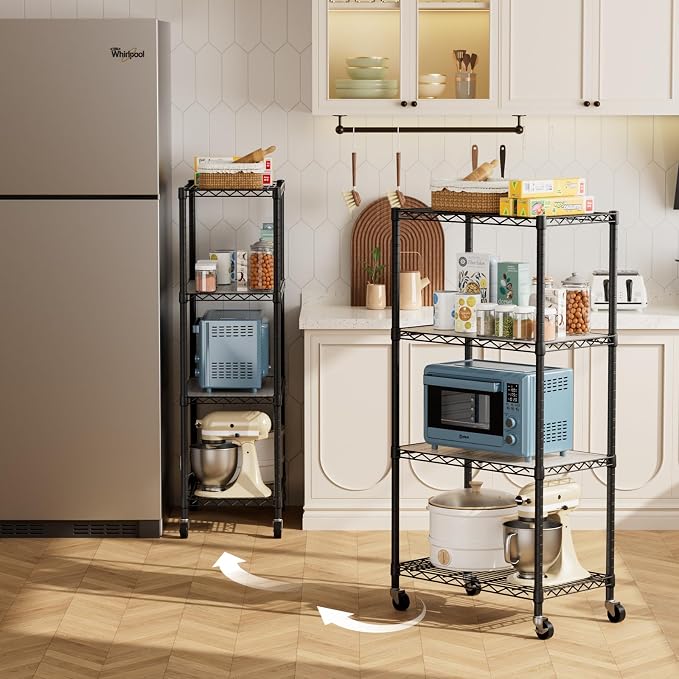 Golpart Shelves Storage Shelf Wire Closet Bathroom Organizers Metal Pantry | 4 tier Kitchen Garage Shelving Unit Laundry Room Organization Home Rack Net Basket Black with Wheels 14”D X 24”W X 48.9”H