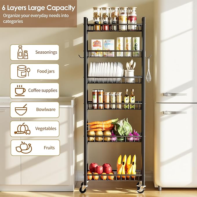 6 Tier Slim Storage Cart, Narrow Rolling Cart with Wheels, 10in(W) | Narrow Mobile Utility Shelf Unit Organizer for Kitchen, Bathroom, Laundry Room, Living Room, Small Places, Black