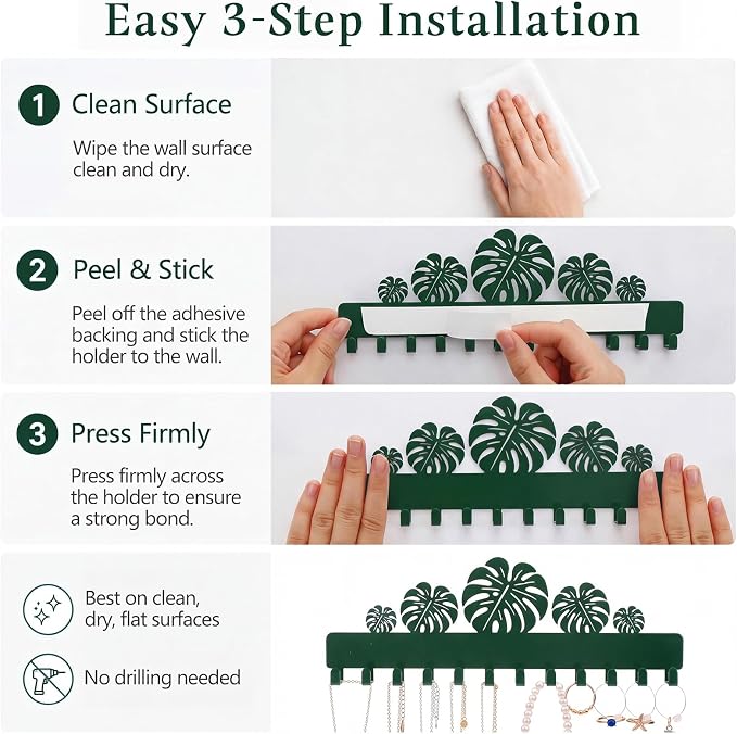 Hicarer 2 Pack Monstera Leaf Necklace Holder Wall Mount with 24 Hooks Adhesive Metal Plant Hook Boho Wall Decor Jewelry Organizer for Earrings Bracelets Rings Keys Bedroom Bathroom Dorm