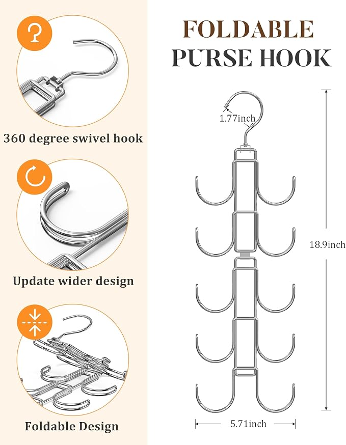 Purse Hanger for Closet, 360 Degree Purse Organizer with 10 Hooks Bag Handbag Hanger Hooks for Purse Hanging, Durable Purse Display Rack Space-Saving Bag Organizer for Women 2 Pack