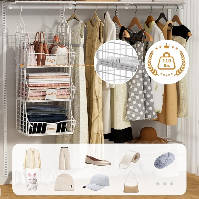 Hanging Closet Organizers and Storage, 2 Tier Closet Shelf Clothes Organizer with 2 S-Hooks, Multi-Functional Iron Wire Baskets, for Clothing, Sweaters, Handbags, Hat, Canned